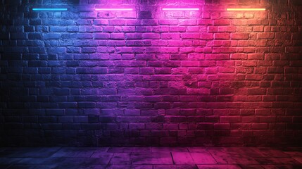 Neon rays glowing on a brick wall Empty scene
