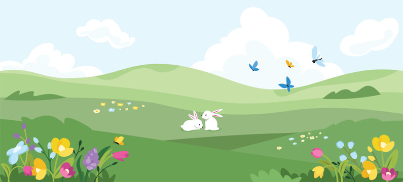 Spring landscape with bunny. Vector illustration Easter background.