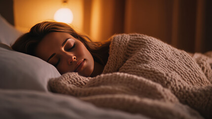 Peaceful woman sleeping under cozy blanket in serene bedroom ambiance