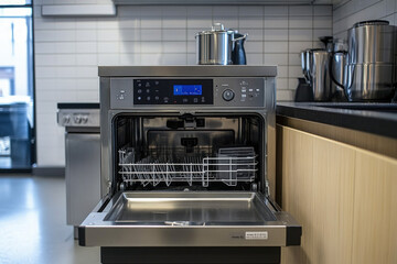 A commercial dishwashing machine in a kitchen, modern and functional, industrial theme