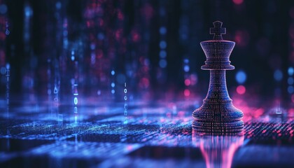 Abstract digital background featuring chessboard and binary code king piece in dark blue space