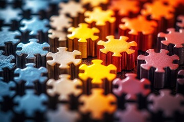 Colorful and Glossy Puzzle Pieces Arranged in a Creative Pattern on a Wooden Surface for Abstract Background and Design Concepts