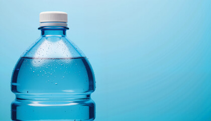 Water bottle with condensation on a blue background for blogs, websites, health awareness, fitness presentations, educational materials, and lifestyle content