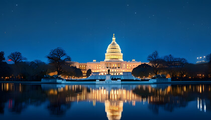 Obraz premium Nighttime reflection of the u.S. Capitol building washington d.C. Architecture scenic view peaceful atmosphere