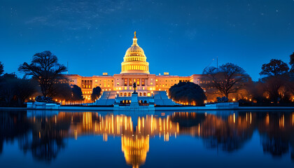 Obraz premium Illuminated capitol building at dusk, washington d.C., architectural reflection, serene waters, icon of democracy