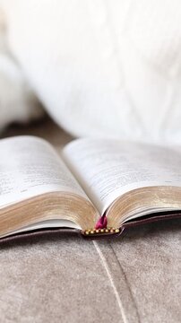 Woman is studying and reading from open holy bible book. Vertical video. Close-up. Christian education, learning, and wisdom, biblical concept.