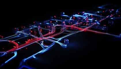 Obraz premium 3d digital map with red and blue route lines on black for city traffic analysis and ai insights