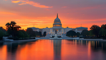 Fototapeta premium Sunset reflection over the u.S. Capitol washington d.C. Landscape photography serene environment wide angle government icon