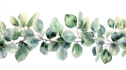 A watercolor illustration of green leaves arranged in a decorative manner.