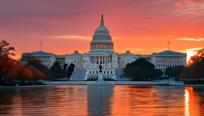 Fototapeta premium Sunset reflections over capitol building washington d.C. Landscape photography serene environment panoramic view government icon