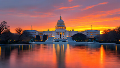 Fototapeta premium Sunset over capitol building washington d.C. Architectural photography reflective water serene atmosphere national landmark