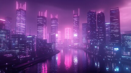 Obraz premium Urban futuristic city illuminated by neon lights at night 3D render