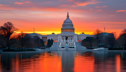 Fototapeta premium Sunset over the u.S. Capitol building washington d.C. Architecture reflective water scenic view national pride
