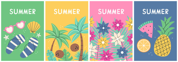 Set of summer vertical cards posters with summer items and text. Summer collection. Vector flat postcard illustration.