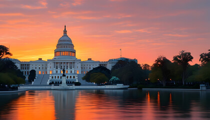 Fototapeta premium Sunset reflection at the u.S. Capitol, washington d.C., scenic photography, twilight atmosphere, serene viewpoint, architectural beauty