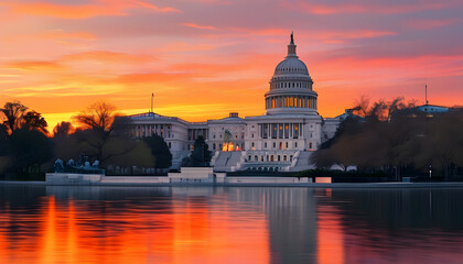Fototapeta premium Sunset reflection of the u.S. Capitol building washington d.C. Architectural photography serene environment aesthetic viewpoint