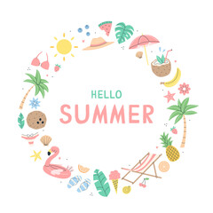 Hello summer card with summer items. Summer frame. Vector flat illustration.