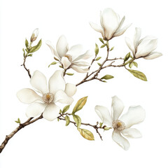 Fototapeta premium magnolia branch with soft white flowers and green leaves, showcasing delicate beauty and elegance. This botanical illustration captures essence of spring and nature tranquility