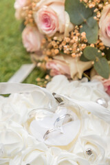 Romantic Wedding Rings in a Heart with Roses in the Background