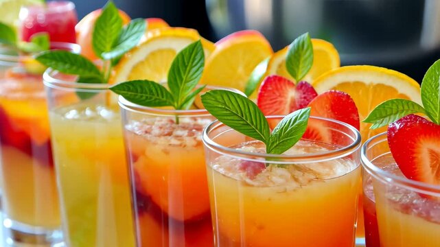 Refreshing colorful drinks garnished with fruit arranged neatly on a summer afternoon, A row of colorful, refreshing drinks with fruit garnishes, perfect for summer