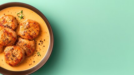 Delicious round dumplings in rich sauce, garnished with herbs, v