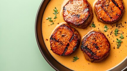 Grilled patties served in creamy sauce, garnished with fresh her