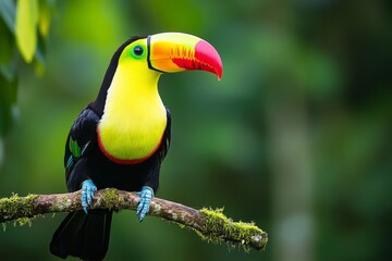 Colorful toucan perched on branch in lush tropical forest