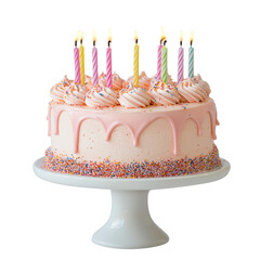 Pink birthday cake with candles, transparent background PNG file 