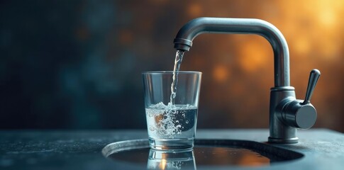 A faucet releases a steady stream of water into a waiting glass, releasing, glass