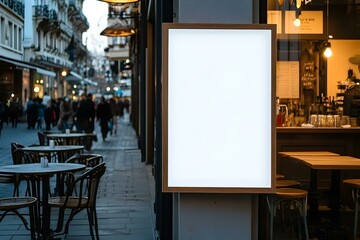 Blank Poster Frame Outside a Cafe on a Bustling Street Corner