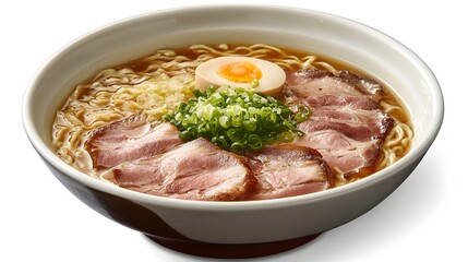 Umami Delight: Close-up of a meticulously arranged bowl of ramen, showcasing its rich broth, tender slices of pork, perfectly cooked egg and fresh green onion.
