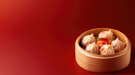 Steamed dumplings arranged in bamboo basket, vibrant red backgro
