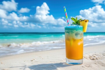 Tropical cocktail resting on sandy beach with ocean waves gently crashing, copy space