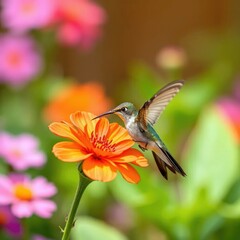 A single hummingbird hawk moth on a solitary flower in the garden, solo, flowers, insect