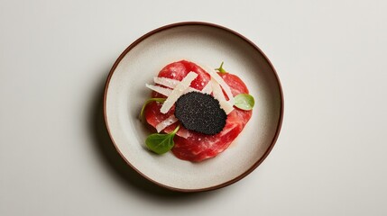 Delicate presentation of beef carpaccio topped with truffle and