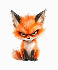 Fototapeta premium Watercolor cartoon illustration of an angry mad red fox isolated on white background.