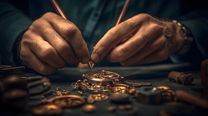Time Artisan: A skilled watchmaker meticulously working on a complex timepiece, showcasing intricate details and the artistry of craftsmanship, highlighting the beauty of precision.