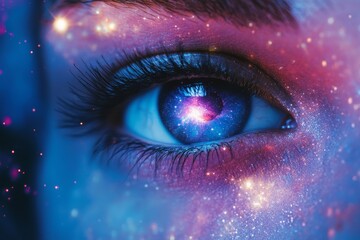 Fototapeta premium Cosmic Eye with Galaxies and Stars in Vibrant Cosmic Colors