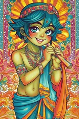 Obraz premium Young Krishna Playing the Flute, Vibrant Indian Mythology Illustration