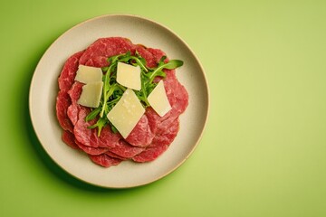 Delicious platter with thinly sliced meat, cheese, and fresh gre