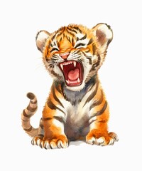 Obraz premium Watercolor cartoon illustration of an angry mad baby tiger isolated on white background.