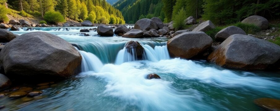 Cascading water over rocks in a mountainous area at Chilik river, caucasus, flow, rock