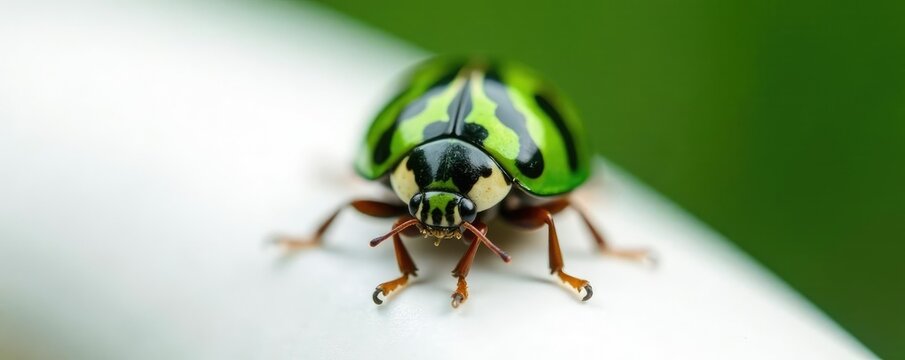 Cassida circumdata ladybug rests on a white surface, black stripes, green, Cassida circumdata