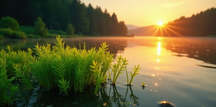 Chara virgata stonewort alga in freshwater lake at sunrise, freshwater plants, aquatic algae, aquatic ecosystems