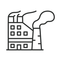 Factory, icon in line design. Factory, industrial building, manufacturing plant, production facility, industry, factory plant, manufacturing process on white background vector. Factory editable stroke