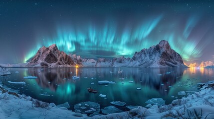 Majestic Northern Lights Illuminate Snowy Mountains and Calm Waters in a Serene Arctic Landscape