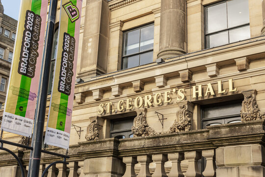 Bradford, Yorkshire, UK 2-24-2025 Bradford City of Culture 2025 banner outside St George's Hall, the music and entertainment centre that will play a big part in the artistic activities