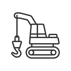 Crane truck, icon in line design. Crane, truck, crane truck, construction, lifting, heavy, machinery on white background vector. Crane truck editable stroke icon