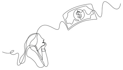 continuous line of woman daydreaming thinking about money.woman holding chin,thinking about needs.one line drawing isolated white background