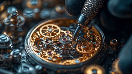 Close-up of watchmaker repairing intricate clockwork mechanism.